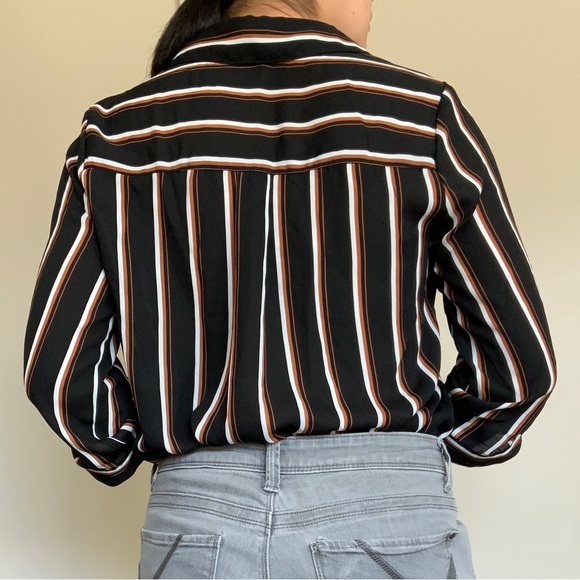 Sheer Black and Bronze Striped V-neck Button Up Blouse - Picture 2 of 3